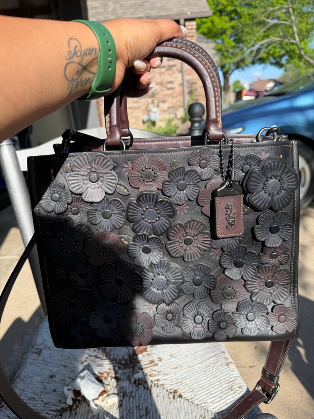 Coach Black and Brown Floral Appliqué Leather Satchel